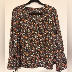 J. Crew Mercantile Black Floral V-Neck Long Sleeve Blouse - Size 10